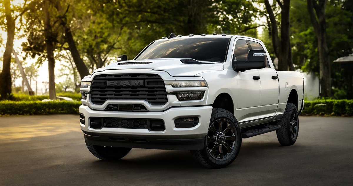 cole_marzen's tweet image. The $53,735 2026 Ram 2500 Black Express breaks cover with a sport performance hood, body color bumpers and grille surround, Power Convex Trailer Tow Mirrors, a set of blacked-out 20-in. wheels, front/rear ParkSense, as well as black Tube Cab Length Side Steps. #Ram #RamHD #trucks