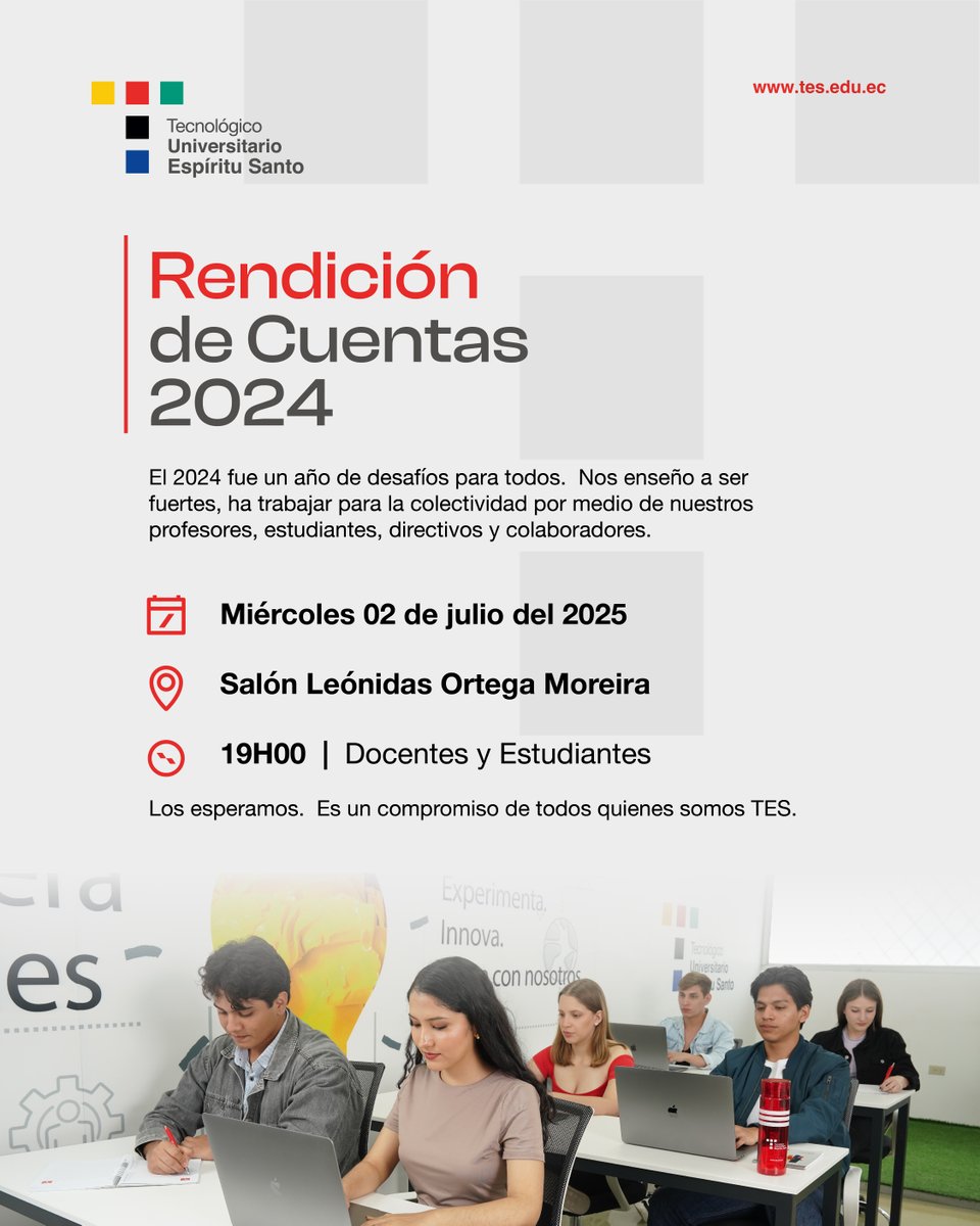 ¡Nos preparamos para rendir cuentas juntos!

El próximo miércoles 2 de julio, te esperamos en la Rendición de Cuentas 2024 del TES, un espacio donde compartimos con transparencia los logros, desafíos y avances que marcan nuestro compromiso con la comunidad educativa. 💬

📍 Salón