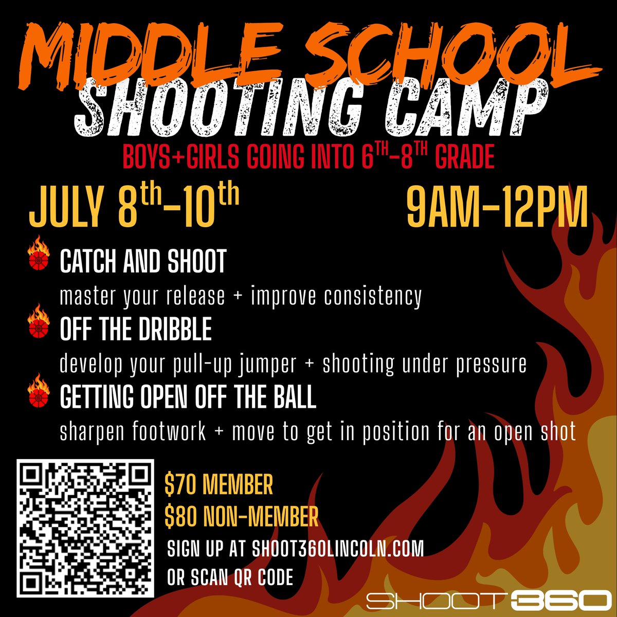 Shoot360Lincoln's tweet image. The Shoot 360 Middle School Shooting Camp is almost here 🏀🔥 8 days out!
Get ready for a week of high-rep shooting, expert coaching, and game-like reps to help you level up before the season starts!
Spots are filling fast - sign up while you can!
