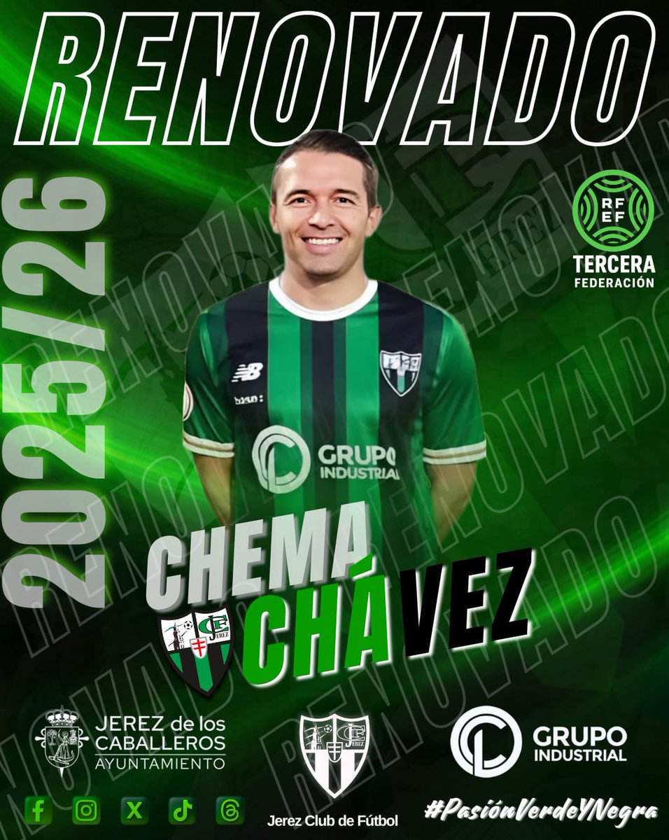 Y antes de irnos a dormir 😴 🔜🛡️ OFICIAL CHEMA CHÁVEZ – Renovación 2️⃣5️⃣➖2️⃣6️⃣
2º capitán, el jugador con más partidos disputados y el máximo goleador histórico del Jerez CF, seguirá defendiendo el escudo templario una temporada más!
Vamos Chema!!!
Ta mañana 🙋🏻‍♂️
#PasionVerdeYNegra