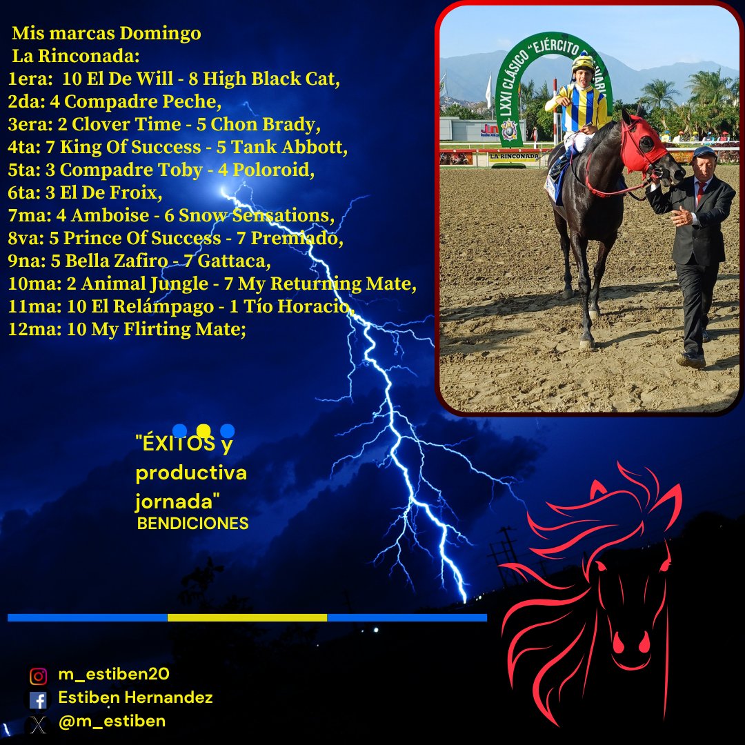 #Hipismo Mis marcas adelantadas La Rinconada
Ojo: De haber retirados se cambiaran con anticipación, otra cosa sino les gusta ninguno no los jueguen; ya que no es obligado, bendiciones

Abre este enlace y únete a la nueva experiencia en grupos de Whatsapp chat.whatsapp.com/Ca0Dw2yeBWf3iI……