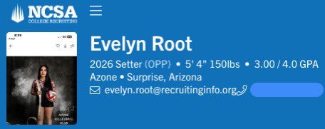 Jason Holt (@ncsacoachholt) on Twitter photo π¨ EVELYN ROOT
π Class of 2026
π 5β4β | Setter
ππ» 8β1β App. | 7β9β Blk.
π 3.00 GPA
π Image Prep Surprise HS | AZ
π Azone VBC
π NCSA Profile: tinyurl.com/NCSA-ERoot
π£ DM for more info!: <a href="/NCSACoachHolt/">Jason Holt</a>
#uncommitted #ncsavolleyball #recruiting <a href="/NCSA_Volleyball/">NCSA_Volleyball</a> π¨ EVELYN ROOT
π Class of 2026
π 5β4β | Setter
ππ» 8β1β App. | 7β9β Blk.
π 3.00 GPA
π Image Prep Surprise HS | AZ
π Azone VBC
π NCSA Profile: tinyurl.com/NCSA-ERoot
π£ DM for more info!: <a href="/NCSACoachHolt/">Jason Holt</a>
#uncommitted #ncsavolleyball #recruiting <a href="/NCSA_Volleyball/">NCSA_Volleyball</a>