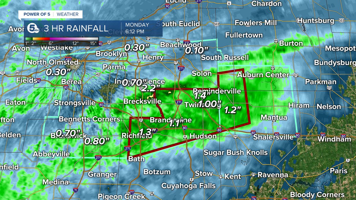 A FLASH FLOOD WARNING has been issued for portions of Summit, Geauga and Portage County until 9:15 pm on June 30th ater 1-2 inches of rain have fallen. Most of that in just the last hour. Use extreme caution on the roads over the next few hours.