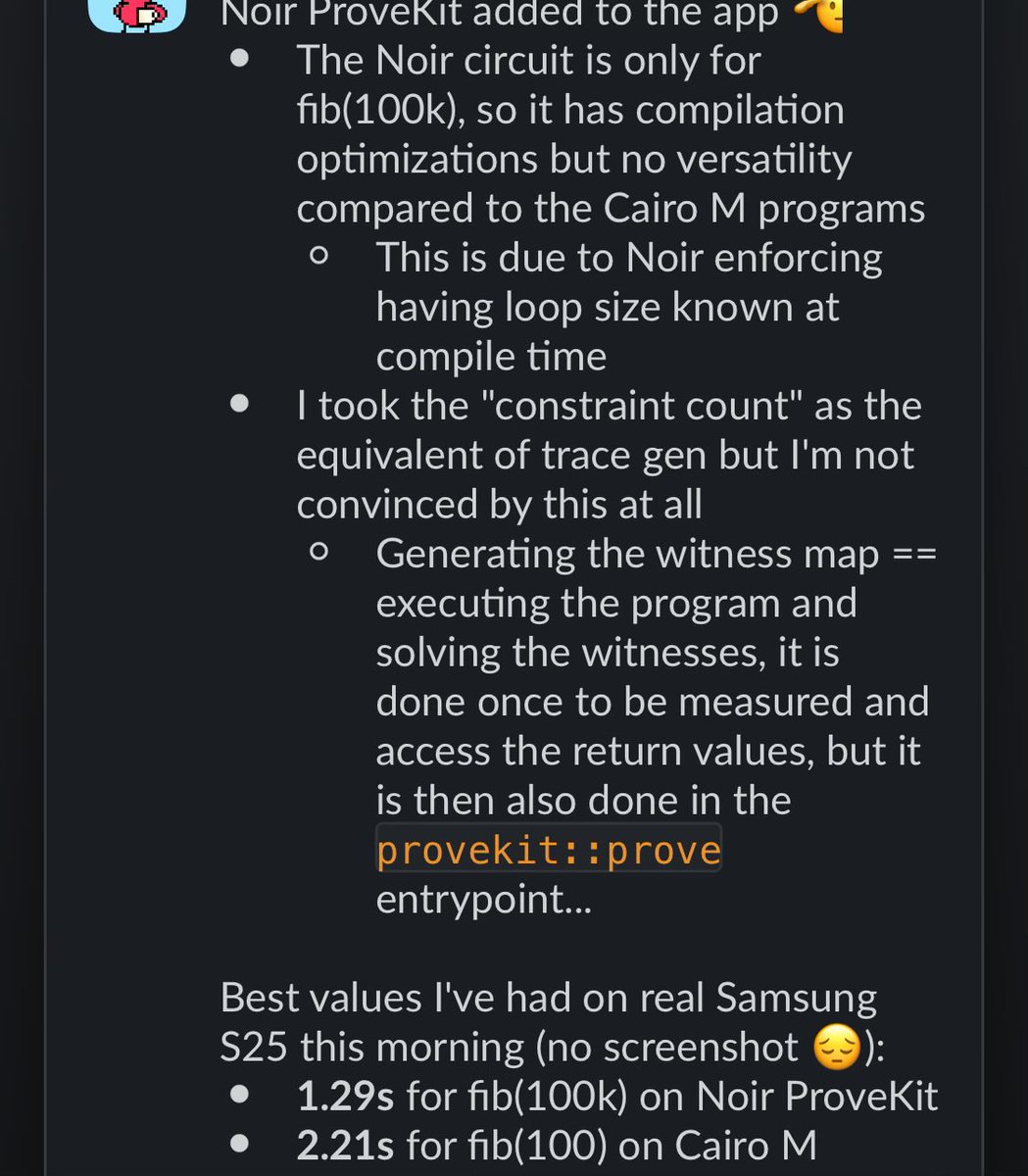 ClementWalter's tweet image. Sharing some
Hot news 🌡️
In Cannes
CairoM performing on first shot, non optimized, general purpose, on device, zkVM
only 50% above what @worldcoin months long work on @NoirLang static sized ProveKit is doing?
With acir to casm around the corner?
What would you do?