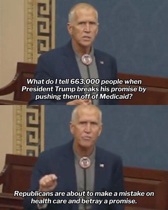 #Resist #CombatTrumpism #WinTheVote26 #VoteBlue #wtpBLUE WE THE PEOPLE wtp2777
 
Senator Thom Tillis (R-NC) announced he will not be seeking reelection in 2026 after he was chastised by Trump for voting NO on the big, ugly bill. He then took to the Senate floor where he went