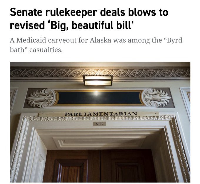 #Resist #CombatTrumpism #WinTheVote26 #VoteBlue #wtpBLUE WE THE PEOPLE wtp2776
 
Senate Republicans in a bid to win Lisa Murkowski's (R-AK) vote added a provision to the big, ugly bill that would have exempted Alaskan's from Medicaid cuts. The Parliamentarian says that this