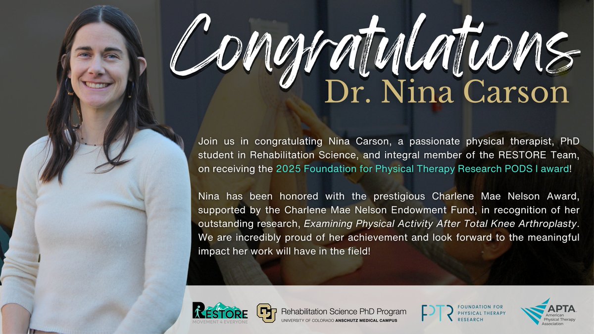 RESTORE Team (@restore_team) on Twitter photo Congratulations to <a href="/NinaCarson20/">Nina Carson PT, DPT, OCS</a> on receiving the 2025 <a href="/Foundation4PT/">Foundation4PT</a> PODS I Award funded by the Charlene Mae Endowment Fund! 👏This prestigious honor recognizes her outstanding potential and commitment to advancing physical therapy research. Congratulations to <a href="/NinaCarson20/">Nina Carson PT, DPT, OCS</a> on receiving the 2025 <a href="/Foundation4PT/">Foundation4PT</a> PODS I Award funded by the Charlene Mae Endowment Fund! 👏This prestigious honor recognizes her outstanding potential and commitment to advancing physical therapy research.