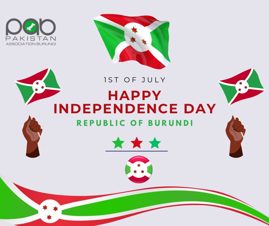 pakburundi's tweet photo. The Pakistan Association Burundi extends its warmest wishes to all Burundians on the occasion of Burundi Independence Day
As We celebrate this significant day, we join you in commemorating the rich history and vibrant spirit of Burundi
#IndependenceDay #Burundi #Pakistan https://t.co/JKvFTeDjKV