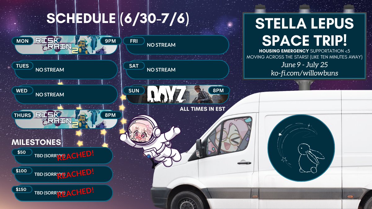 🐰🌠[6/30-7/6] Stream Schedule🌠

Can you tell I'm loving Risk of Rain 2??

🌠Mon - ROR2 w/ Isa!

🌠Thurs - ROR2 w/ Isa!

🌠Sun - DayZ