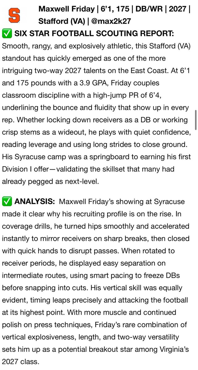 max2k27's tweet image. Thank you @sixstarfootball for the writeup!
@CoachDreKates @AlexKellyCuse @CoachGerardJ @CoachCarp_SHS