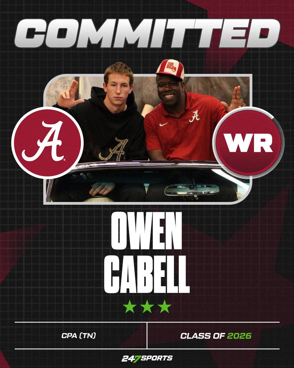 BREAKING: 3⭐️ Owen Cabell has committed to Alabama over Illinois &amp; Vanderbilt!

6-foot-3 Nashville (TN) receiver added on-campus offer June 2. 

Took OV from June 20-22.

10.76 sec 100M.

“All glory to God man, wouldn’t be here without him! ROLL TIDE!”

🐘 bit.ly/43Twbse
