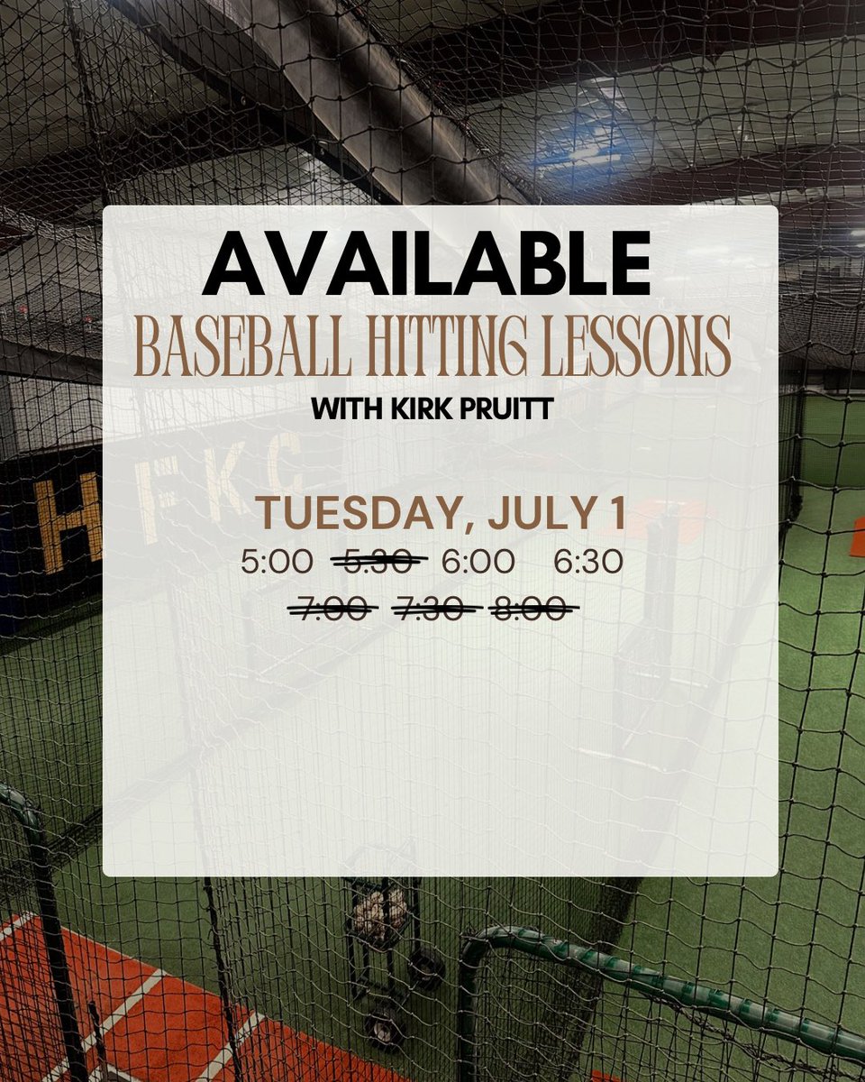 ‼️Baseball and softball hitting + pitching lessons, July 1 &amp; 2 with Caleb, Faith, and Kirk  — limited times left!‼️

These sessions are tailored for athletes looking to improve mechanics, build consistency, and elevate their game. All lessons take place at Hit Factory KC.