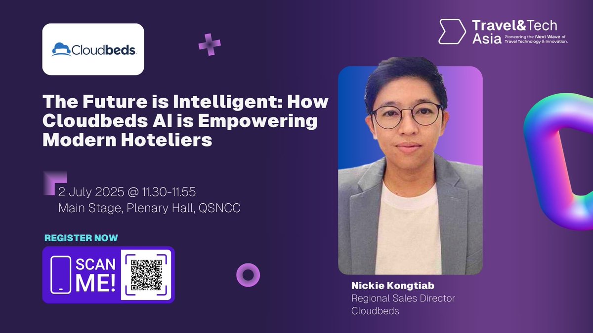 Join us at the Travel &amp; Tech Asia event in Bangkok on July 2! 🇹🇭

Cloudbeds' Regional Sales Director, Nickie Kongtiab, will be on stage discussing the transformative power of AI in travel technology.

Register here: 👉 bit.ly/4lDMmA1