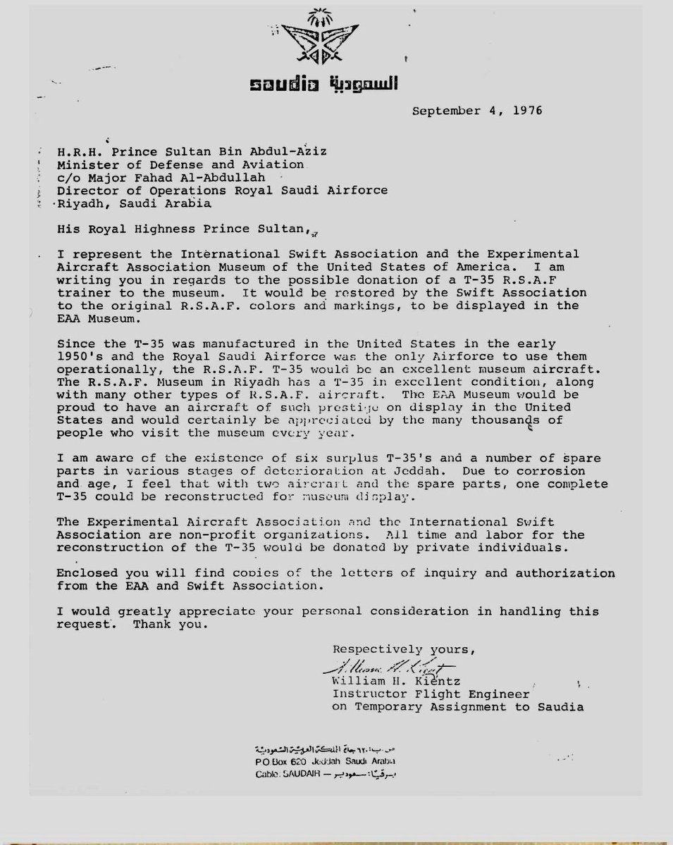 أكتب إليكم لأشارككم قصةً رائعةً عن التراث والطيران والصداقة الدولية، تتمحور حول طائرةٍ رائعة الجمال - طائرة سويفت التي كانت ملكًا للمملكة العربية السعودية. هذه الطائرة التاريخية، التي سُلّمت إلى المملكة في سبعينيات القرن الماضي، عادت الآن إلى الولايات المتحدة، حيث تُعرض بفخر في