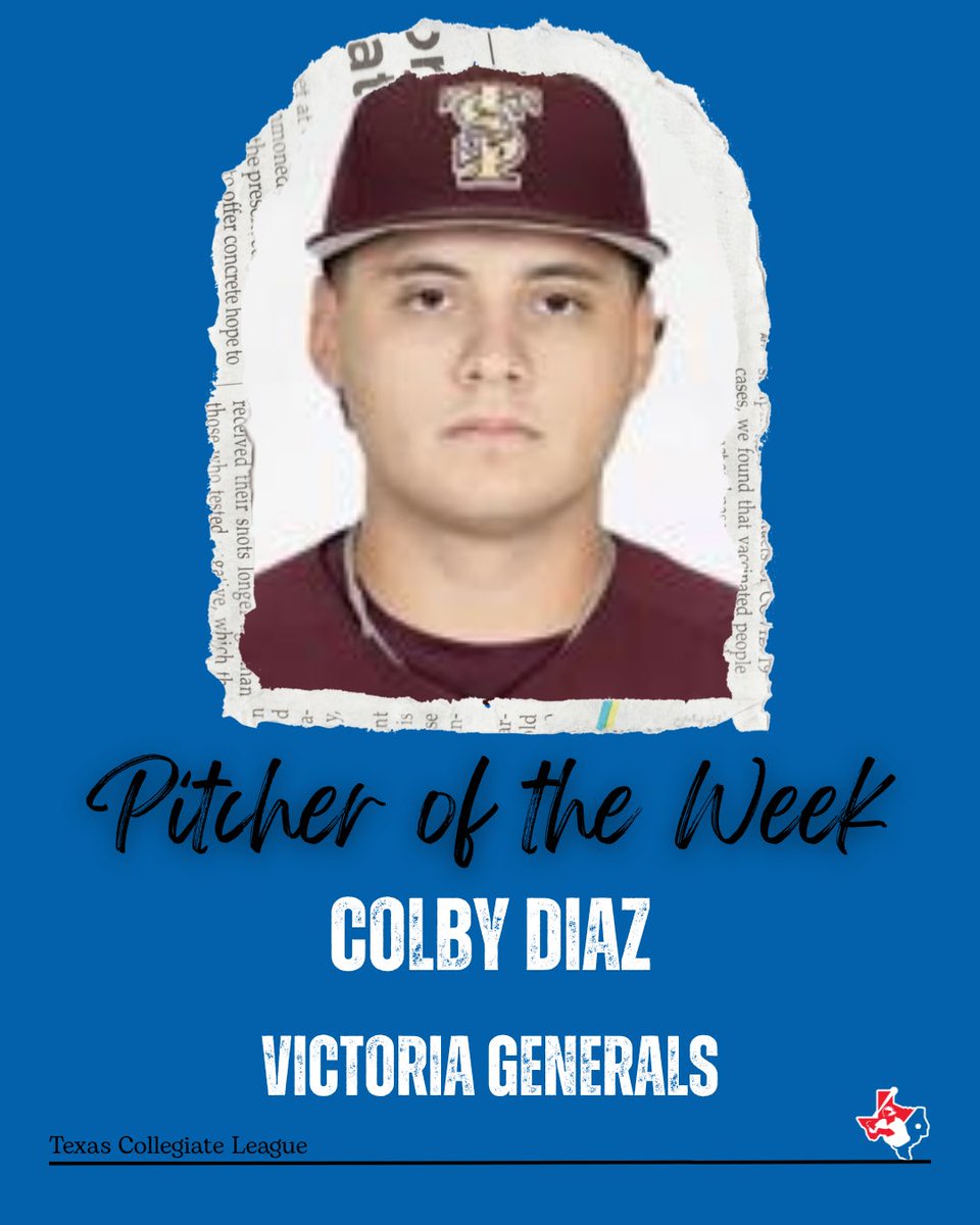 TCLBaseball's tweet image. The Generals are taking home Pitcher and Player of the Week!!
✅ Diego Diaz - Victoria Generals
• 421 BA / .645 OBP / .474 SLG
10 R, 1 2B, 4 RBIs, 9 BB, 3 HBP, 8 SB
✅ Colby Diaz- Victoria Generals
• 1-0, 6 IP, 10 Ks, 3 H, 0 R
