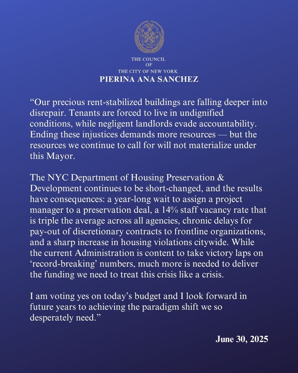 Council Member Pierina Sanchez (@cmpisanchez) on Twitter photo Today, <a href="/NYCCouncil/">New York City Council</a> unanimously voted to unanimously pass the FY26 Budget. 💰💰
It that secures deep investments for immigration legal assistance, mental illness support, and universal childcare. Today, <a href="/NYCCouncil/">New York City Council</a> unanimously voted to unanimously pass the FY26 Budget. 💰💰
It that secures deep investments for immigration legal assistance, mental illness support, and universal childcare.