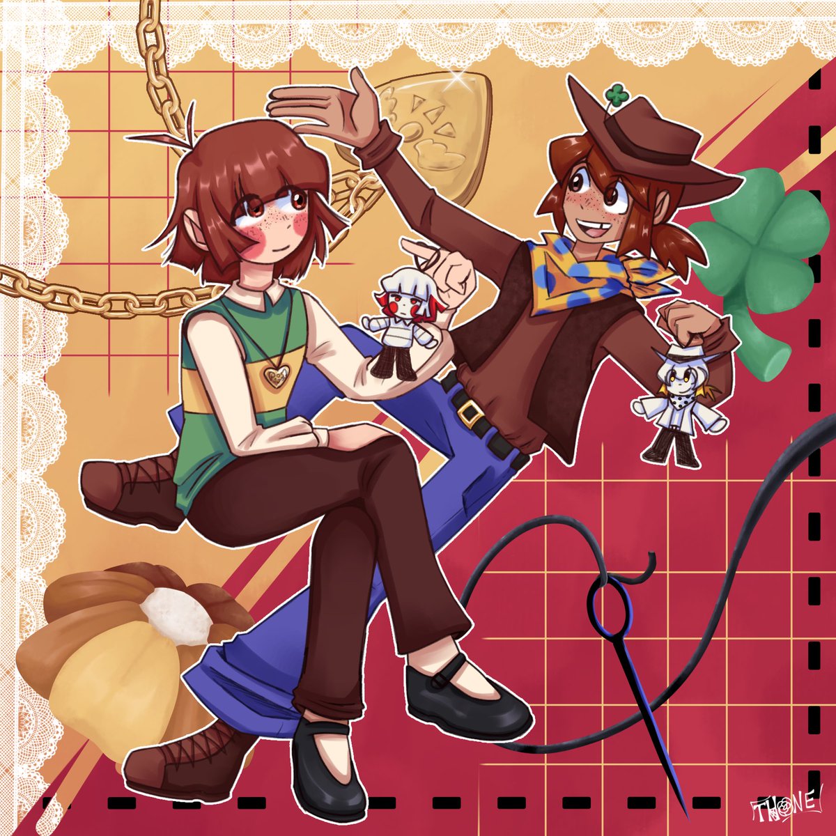 ThorneBrier's tweet photo. Here’s my very last minute submission for @viviiyon #RYPLUSH DTIYS because unfortunately I always scramble to do everything last minute lol.
Was doing this just an excuse to draw them again? I don’t know, who knows, no one nose 👃 Anyways enjoy silly art of Clover and Chara :D https://t.co/2jnjqPtp05