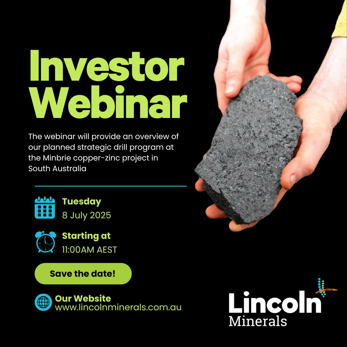 Lincoln Minerals (@lincolnminerals) on Twitter photo Join us for <a href="/LincolnMinerals/">Lincoln Minerals</a>' Investor Webinar
🗓 Tuesday, 8 July 2025 | 🕚 11:00am AEST
CEO Jonathon Trewartha will present an overview of our upcoming strategic drill program at the Minbrie #copper-#zinc project in South Australia, along with updates across our project Join us for <a href="/LincolnMinerals/">Lincoln Minerals</a>' Investor Webinar
🗓 Tuesday, 8 July 2025 | 🕚 11:00am AEST
CEO Jonathon Trewartha will present an overview of our upcoming strategic drill program at the Minbrie #copper-#zinc project in South Australia, along with updates across our project