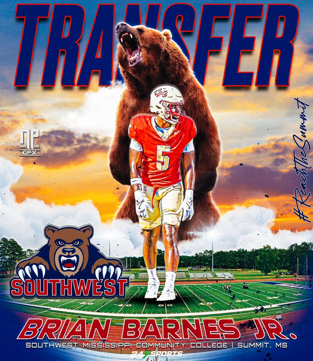 Brian Barnes Jr. (<a href="/BrianBarnesJr1/">Brian Barnes Jr</a>), the transfer portal wide receiver from Jones College, will be transferring to Southwest Mississippi Community College in Summit, Mississippi. #ReachTheSummit 🐻