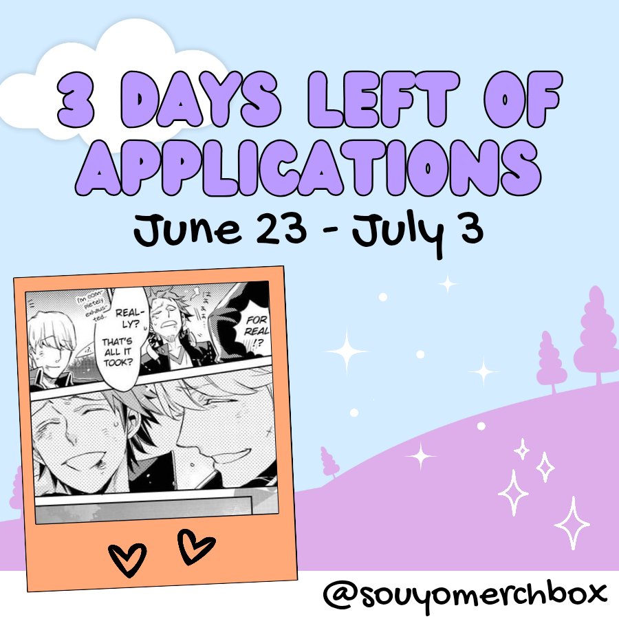 SouyoMerchbox's tweet image. 🧡 3 DAYS LEFT 🩶
Gather around, Souyo stans! Our contributor applications are only open for 3 more DAYS! Fill out one of our forms before 11:59pm PST on July 3! 💜
forms.gle/iCb9HrvQmamVFm…