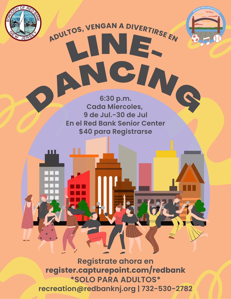 🕺Learn how to dance with our new Line-Dancing classes! 
Our dance classes will be held on Wednesdays from July 9th-July 30th, with each session running from 6:30 pm to 7:30 pm at the Red Bank Senior Center.
Register now through register.capturepoint.com/redbank under Summer 2025.