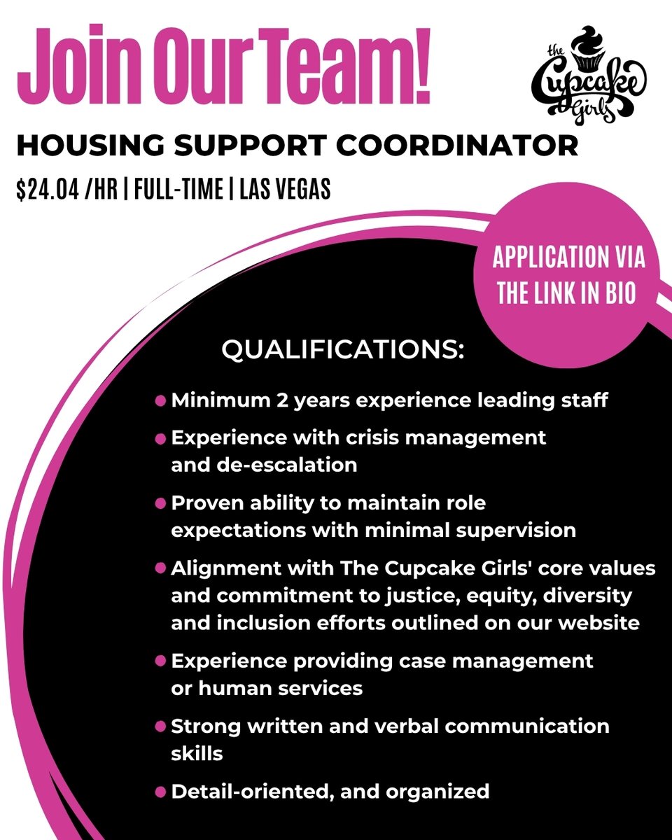 🎉 We're hiring a Housing Support Coordinator in Las Vegas!

✨ Pay: $24.04 /hr (Full Time)
✨ Location: Las Vegas, NV (Hybrid)

#TheCupcakeGirls #NowHiring #LasVegasJobs #NonprofitJobs #TraumaInformedCare #CommunityCare #EquityInAction
