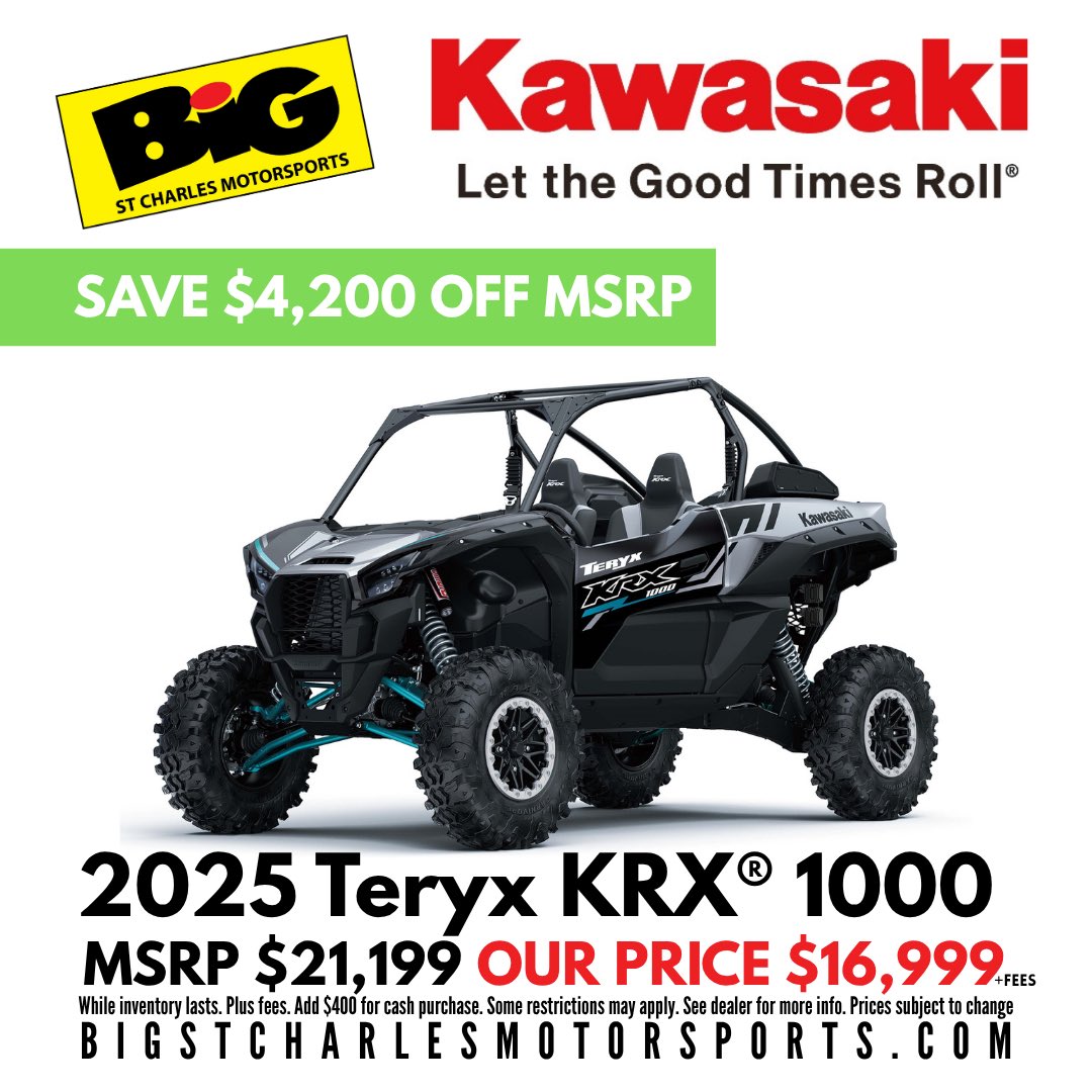 Beer Money Pulling Team (@beermoneypull) on Twitter photo 🚨 HUGE SAVINGS ALERT 🚨
Ready to Let the Good Times Roll? Don’t miss your chance to own the 2025 Kawasaki Teryx KRX® 1000 — built for adventure, power, and performance.
💥 SAVE $4,200 OFF MSRP
💸 MSRP: $21,199
🔥 OUR PRICE: $16,999 (+fees)
Only at Big St. Charles Motorsports — 🚨 HUGE SAVINGS ALERT 🚨
Ready to Let the Good Times Roll? Don’t miss your chance to own the 2025 Kawasaki Teryx KRX® 1000 — built for adventure, power, and performance.
💥 SAVE $4,200 OFF MSRP
💸 MSRP: $21,199
🔥 OUR PRICE: $16,999 (+fees)
Only at Big St. Charles Motorsports —
