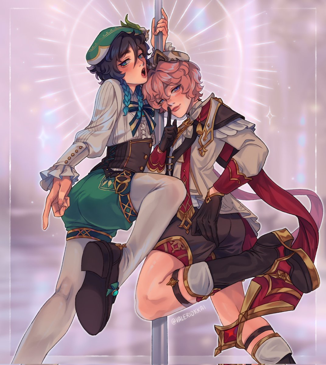 valeriokkai's tweet image. that one panty and stocking pose but it's venti and dahlia #GenshinImpact
💚🩷