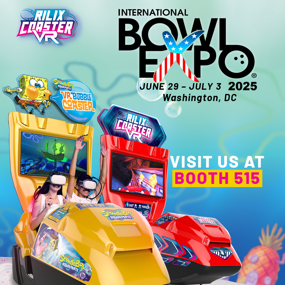 Check out SpongeBob VR at Bowl Expo. Experience the Bubble Coaster, a top unattended VR system. Trade show: July 1–2, Gaylord National Resort, Washington, DC | #BowlExpo #VRarcade #Rilix #Andamiro