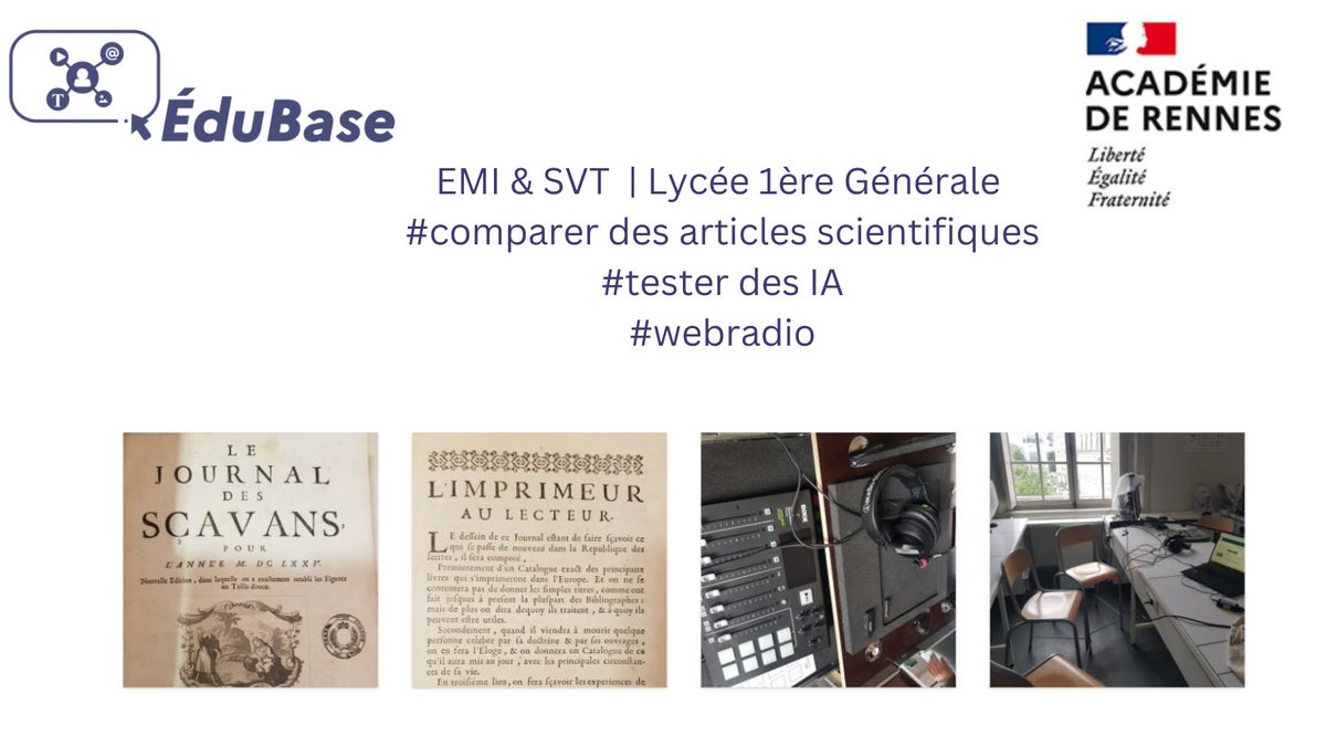 #Edubase &amp; #EMI | Lycée 1ère | <a href="/acrennes/">Académie de Rennes</a> 
#espritcritique #CRCN 

Scenario croisant #SVT &amp; EMI pour explorer l'#IA 

✅Comparer des articles scientifiques
✅Tester une IA vocale 
✅Créer des podcasts 

🔗edubase.eduscol.education.fr/fiche/23636