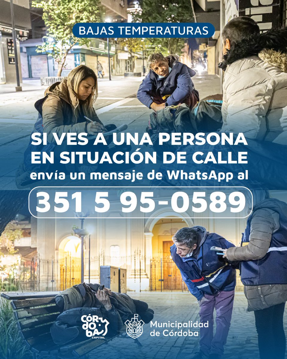 ❄️🫂 Ola polar en #CórdobaCapital: comunicate con nosotros si ves personas en situación de calle. 

🤝 Vos podés ayudarnos a ayudar, si ves a una persona que necesite resguardo, comunicate al 103, al 108 y al 351-5950589.