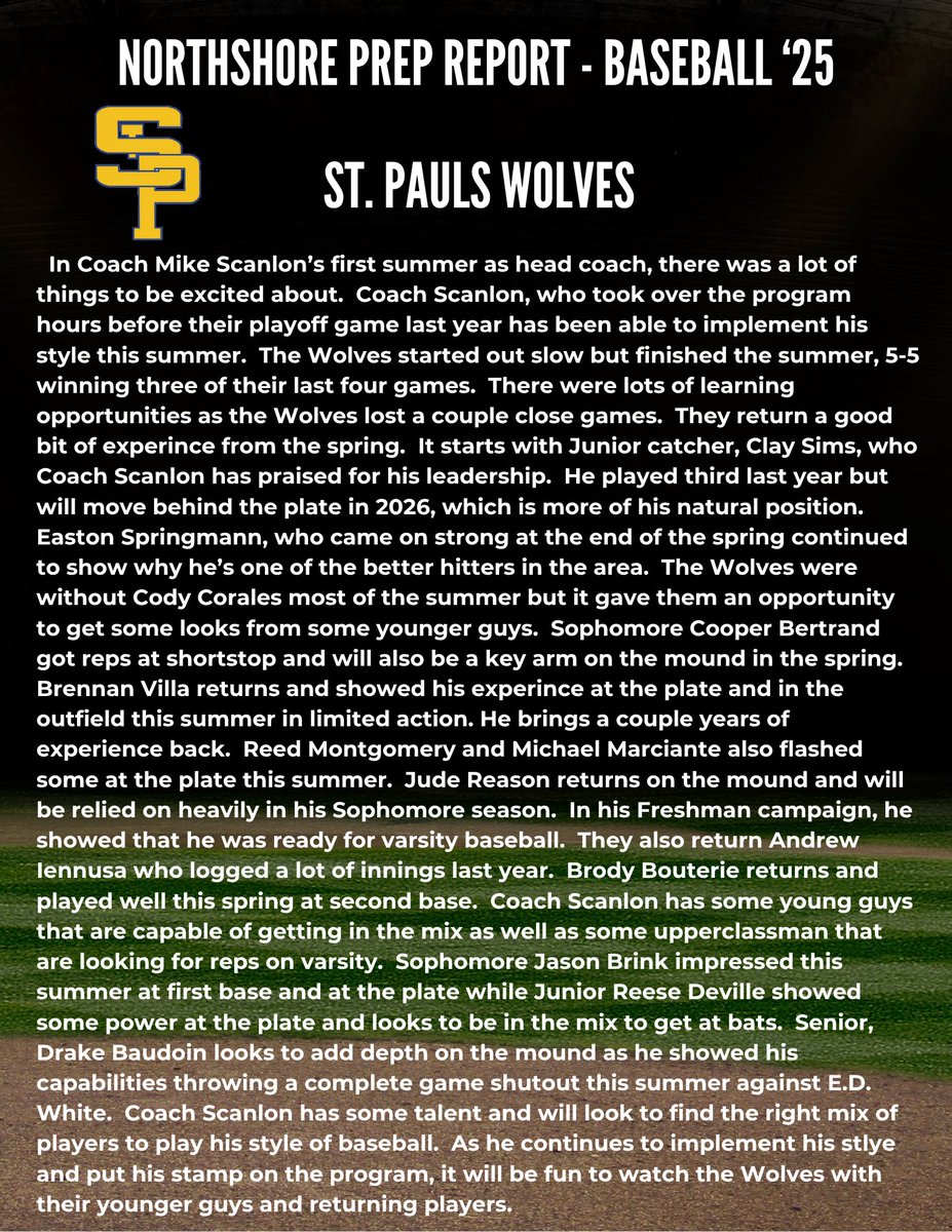 Northshore Prep Report (@northshoreprepr) on Twitter photo BASEBALL ⚾️⚾️⚾️
Post Summer Recap
Stay tuned as we recap each teams Summer as we now look to Spring baseball in 2026! We are only 7 months away!
<a href="/SPSHomeRunClub/">St. Paul's Baseball</a> BASEBALL ⚾️⚾️⚾️
Post Summer Recap
Stay tuned as we recap each teams Summer as we now look to Spring baseball in 2026! We are only 7 months away!
<a href="/SPSHomeRunClub/">St. Paul's Baseball</a>