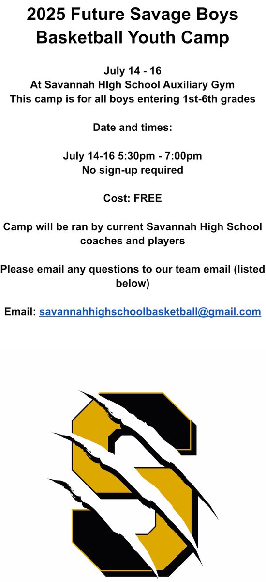We are very excited to host our FREE Future Savage Boys Basketball Camp this summer on July 14-16 from 5:30pm-7:00pm