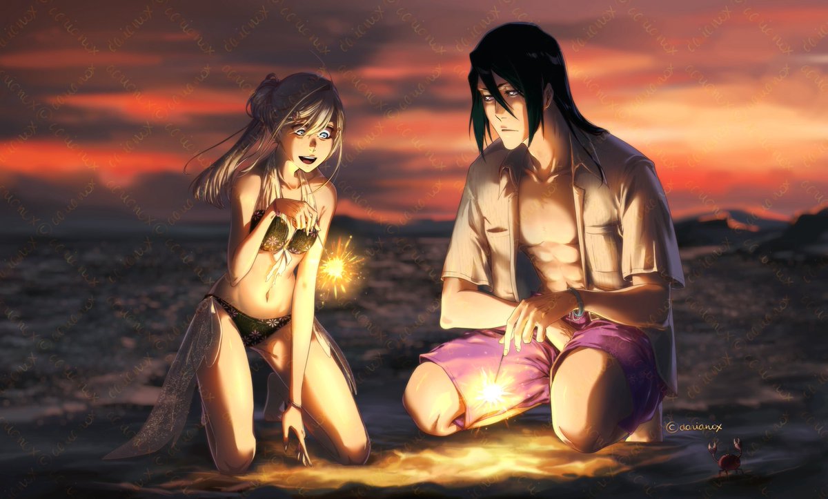 daria_nox's tweet photo. they’re here ✨

I was bored by the basic day beach context so I decided to draw them at sunset with some fireworks 🎇🎆

#BLEACH #bleachoc https://t.co/RW8wIuO5qk