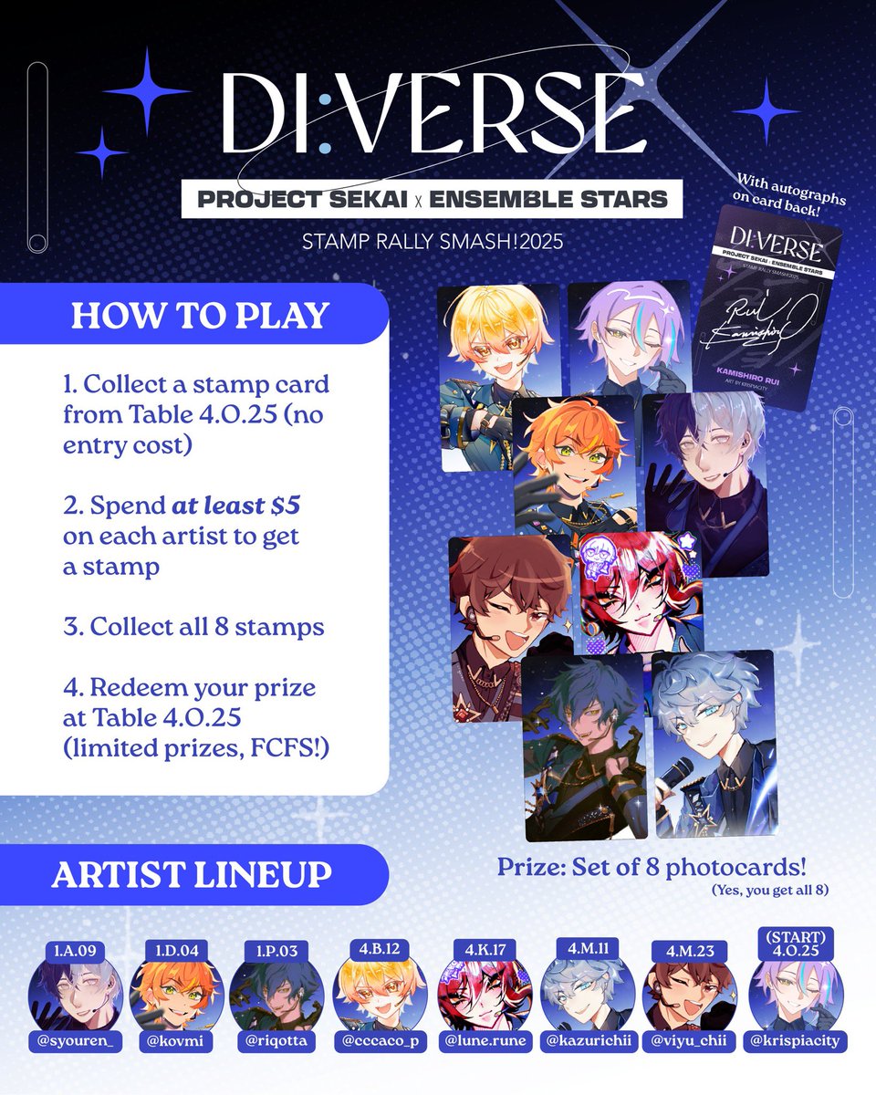 krispiacity's tweet image. PJSK fans and Enstarries unite!! Come join our stamp rally at @smashcon and get this poca set π starts at table 4.O.25!!
π« Artists:
1.A.09 @syouren_
1.D.04 @kovmii
1.P.03 @riqotta
4.B.12 @cccaco_p
4.K.17 @VT_Rune
4.M.11 @kazurichii
4.M.23 @viyuchii
4.O.25 @krispiacity