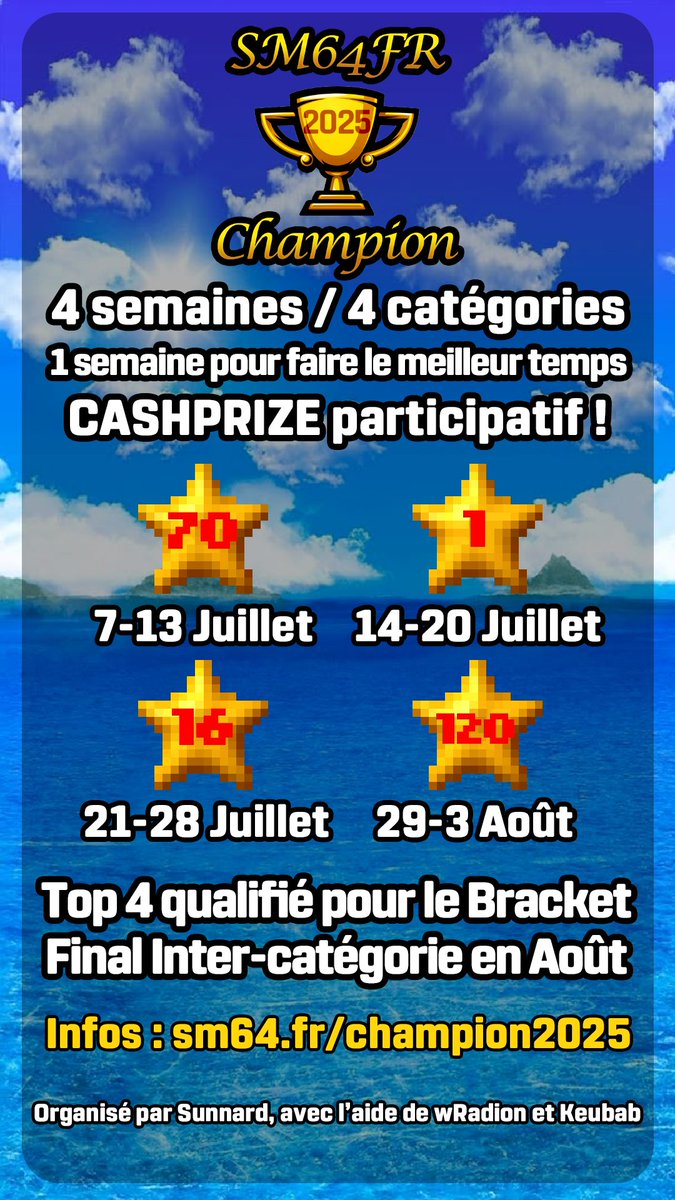 Nouvelle édition cet été !
Venez nombreux ! 

Plus d'informations sur le discord, et le site quand il sera prêt :

- Discord : discord.gg/EDnZ7eYZ
- SM64FR : sm64.fr/champion2025
- Cagnotte : lepotcommun.fr/pot/76k8izhp