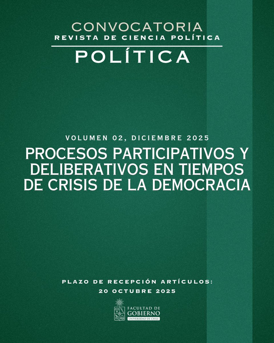 📢 ¡Nueva convocatoria abierta!
La Revista Política invita a enviar artículos sobre procesos participativos y deliberativos en tiempos de crisis democrática.

📅 Hasta el 20 de oct.
Número coeditado con <a href="/claudiaheiss/">Claudia Heiss (ella/she/her)</a>  
🔗 Postula acá → revistapolitica.uchile.cl
#CienciaPolítica