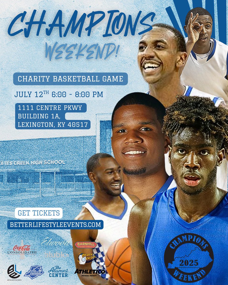 🏀 Champions Weekend Charity Basketball Game 🏀

Come out for a night of fun, competition, and giving back! Join your favorite former Kentucky players for a Charity Basketball Game during Champions Weekend!

📅 Date: July 12th
🕕 Time: 6:00 – 8:00 PM
📍 Location: 1111 Centre