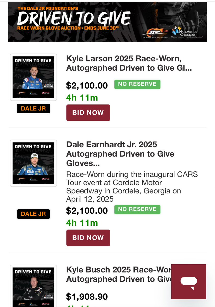 Bozi Tatarevic (@bozitatarevic) on Twitter photo Current leaders in the <a href="/tdjf/">Dale Jr Foundation</a> Driven To Give charity glove auction:
1. <a href="/KyleLarsonRacin/">Kyle Larson</a> - $2,100
1. <a href="/DaleJr/">Dale Earnhardt Jr.</a> - $2,100
3. <a href="/KyleBusch/">Kyle Busch</a> - $1,908
4. <a href="/Blaney/">Ryan Blaney</a> - $1,580
5. <a href="/joshberry/">Josh Berry</a> - $1,236
pristineauction.com/auction/type/d⦠Current leaders in the <a href="/tdjf/">Dale Jr Foundation</a> Driven To Give charity glove auction:
1. <a href="/KyleLarsonRacin/">Kyle Larson</a> - $2,100
1. <a href="/DaleJr/">Dale Earnhardt Jr.</a> - $2,100
3. <a href="/KyleBusch/">Kyle Busch</a> - $1,908
4. <a href="/Blaney/">Ryan Blaney</a> - $1,580
5. <a href="/joshberry/">Josh Berry</a> - $1,236
pristineauction.com/auction/type/dβ¦