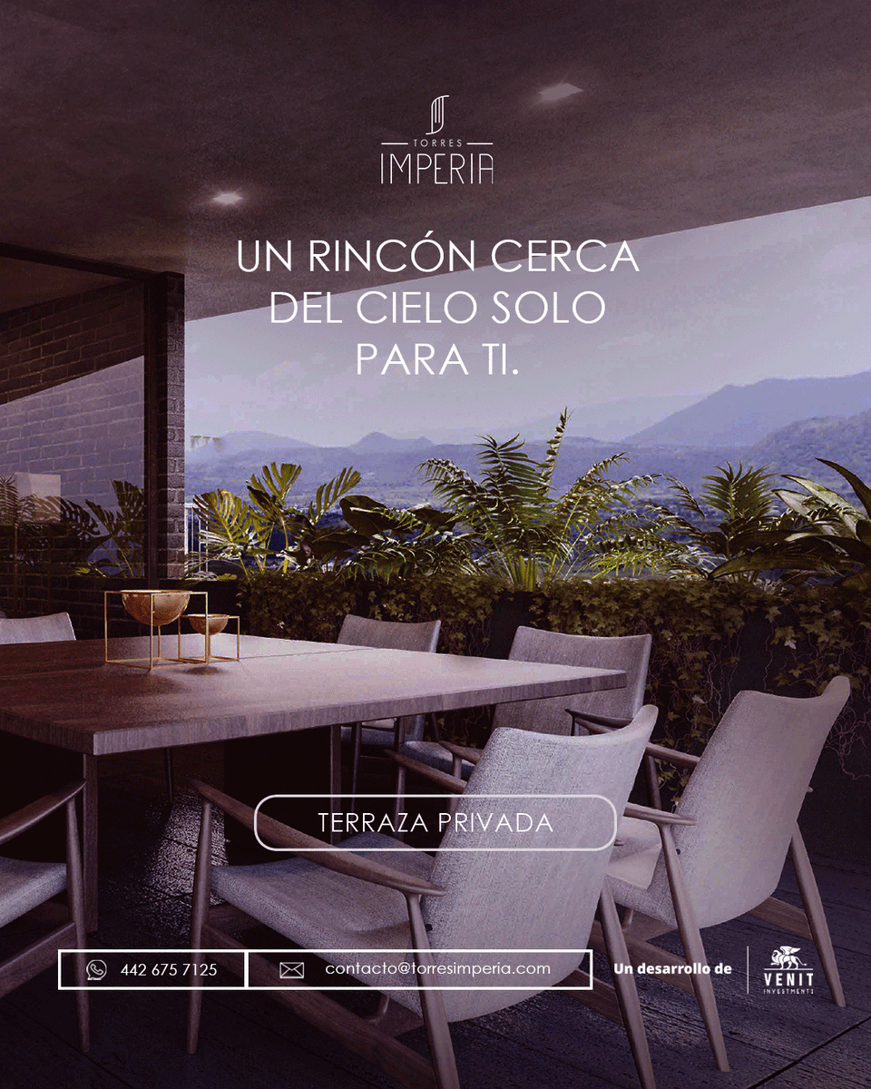 torresimperia's tweet photo. Tu terraza privada no es solo un espacio exterior, es una extensión de tu estilo de vida: sofisticado, íntimo y con una vista privilegiada.

💬 442 675 7125 📧 contacto@torresimperia.com

https://t.co/EmfueO8aQQ
📍 Anillo Vial Fray Junípero Serra #8270, Qro. https://t.co/xUPMv3AJCe