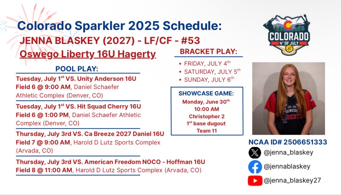💥2025 Colorado Sparkler Schedule!💥
I just participated in my showcase game this morning and hopefully have many more to come. I am so excited for this week and the experience! <a href="/OswegoLiberty/">Oswego Liberty 17U</a> <a href="/WIUSoftball/">Western Illinois Softball</a> <a href="/unwsoftball/">UNW Softball</a> <a href="/MSUM_Softball/">MSUM Softball</a> <a href="/WASHUSoftball/">WashU Softball</a> <a href="/AUSpartanSball/">AU Spartan Softball</a> <a href="/EmorySoftball/">Emory Softball</a>