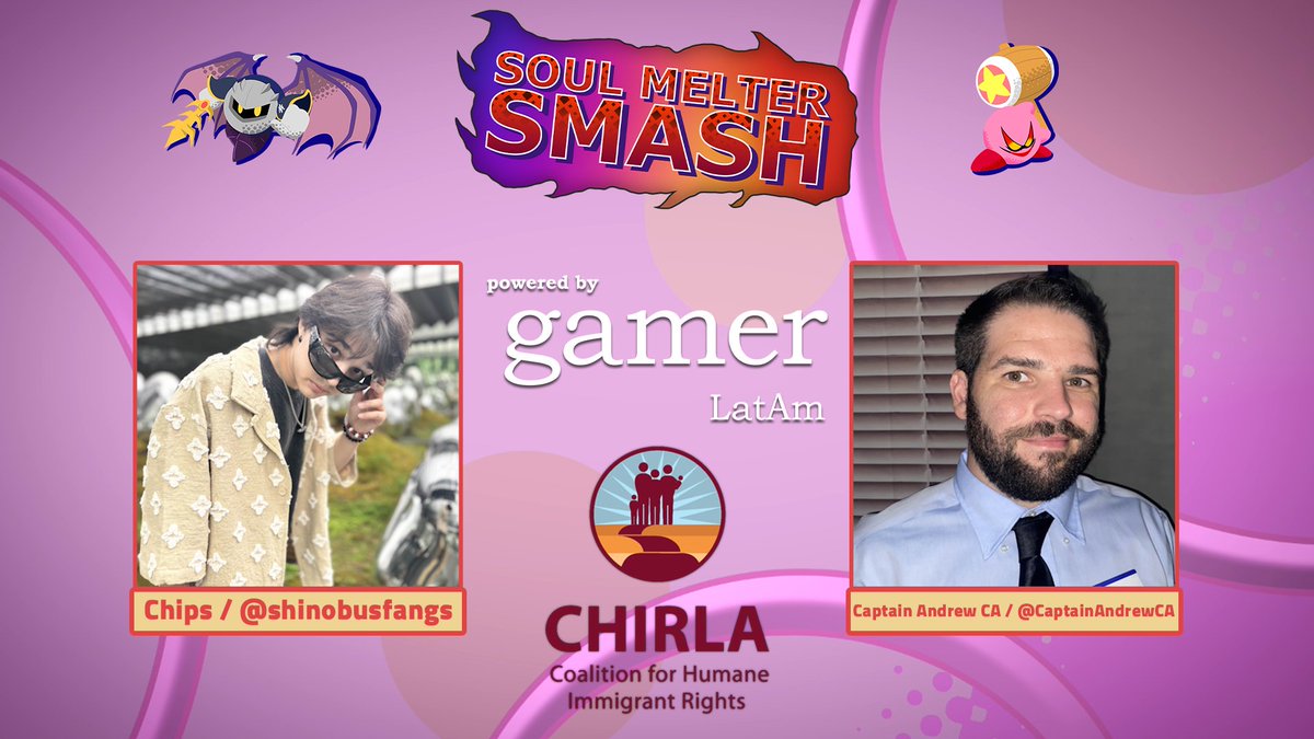 Gamer LatAm (@gamerlatammx) on Twitter photo Here are tonight's casters!
<a href="/shinobusfangs/">Chips</a> & <a href="/CaptainAndrewCA/">CaptainAndrewCA</a>
Lots of great things happening tonight at Soul Melter Smash right now including our charity with <a href="/CHIRLA/">CHIRLA</a>, Free Entry to UAS courtesy of <a href="/ClubSmashBanana/">Club Smash ✈️ Fist Bump 3 🇹🇼</a>, and more!
Sign up using the link in our replies: Here are tonight's casters!
<a href="/shinobusfangs/">Chips</a> & <a href="/CaptainAndrewCA/">CaptainAndrewCA</a>
Lots of great things happening tonight at Soul Melter Smash right now including our charity with <a href="/CHIRLA/">CHIRLA</a>, Free Entry to UAS courtesy of <a href="/ClubSmashBanana/">Club Smash ✈️ Fist Bump 3 🇹🇼</a>, and more!
Sign up using the link in our replies: