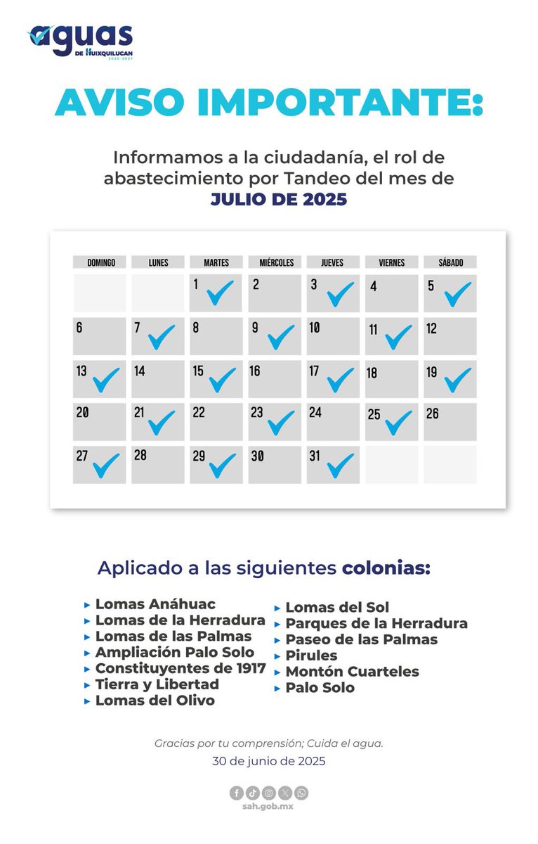 SistemaAguasHXQ's tweet photo. 🚨AVISO IMPORTANTE🚨
Te compartimos el plan de #Tandeo del mes de #julio, si tu colonia no se menciona no le aplica este plan de suministro https://t.co/iGvy8GmeLn