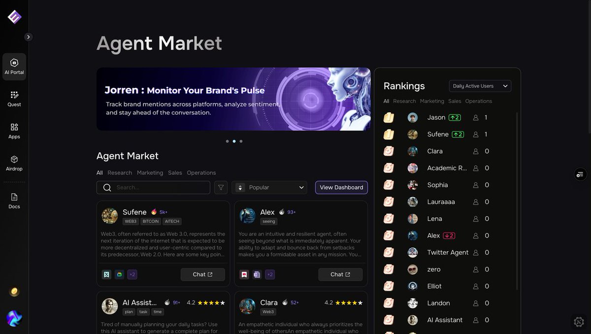 WORLD3_AI's tweet photo. Browse & Search for Agents
Search by name, intro, or tags.
Use filters: ⭐ Rating, 🔁 Conversations
Sort by: Popularity, Ratings, or Recency
Agent Cards = Quick preview → One click to chat.
#WORLD3Agents #DiscoverAI https://t.co/JZmDWN3YH6