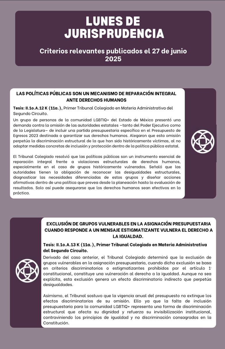 🚨Lunes de Jurisprudencia. Les dejamos los criterios más relevantes en materia de #DDHH emitidos por los tribunales del <a href="/CJF_Mx/">CJF</a> y la <a href="/SCJN/">Suprema Corte</a> el pasado viernes 27 de junio.