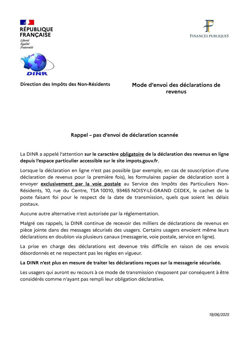 ⚠️ Message important de la Direction des impôts des non résidents sur la procédure à suivre concernant l'envoi de vos déclaration d'impôts (pour ceux qui ont des revenus de source française).
#FrançaisDelÉtranger
