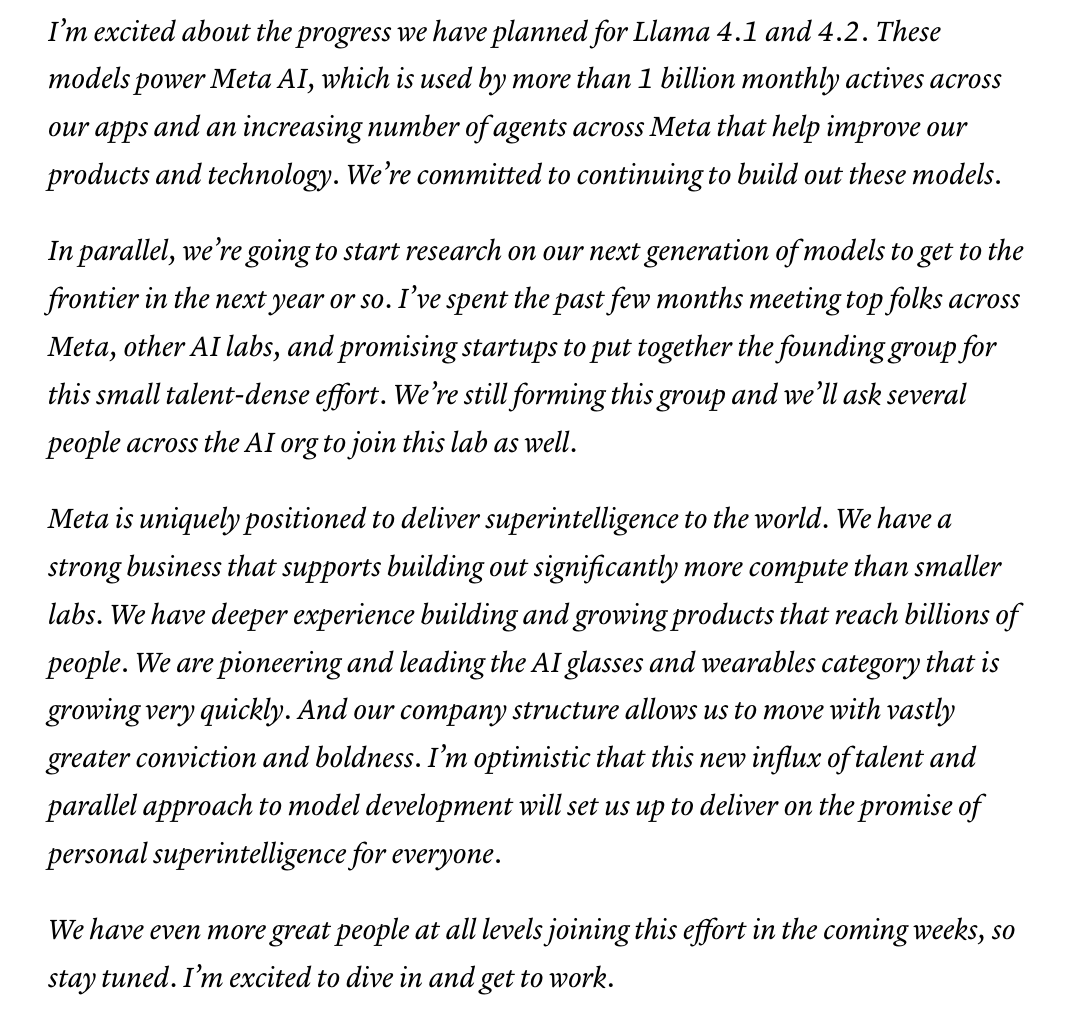 pitdesi's tweet photo. here's the internal memo about Meta Superintelligence Labs (MSL) https://t.co/m0bGcXv2h4