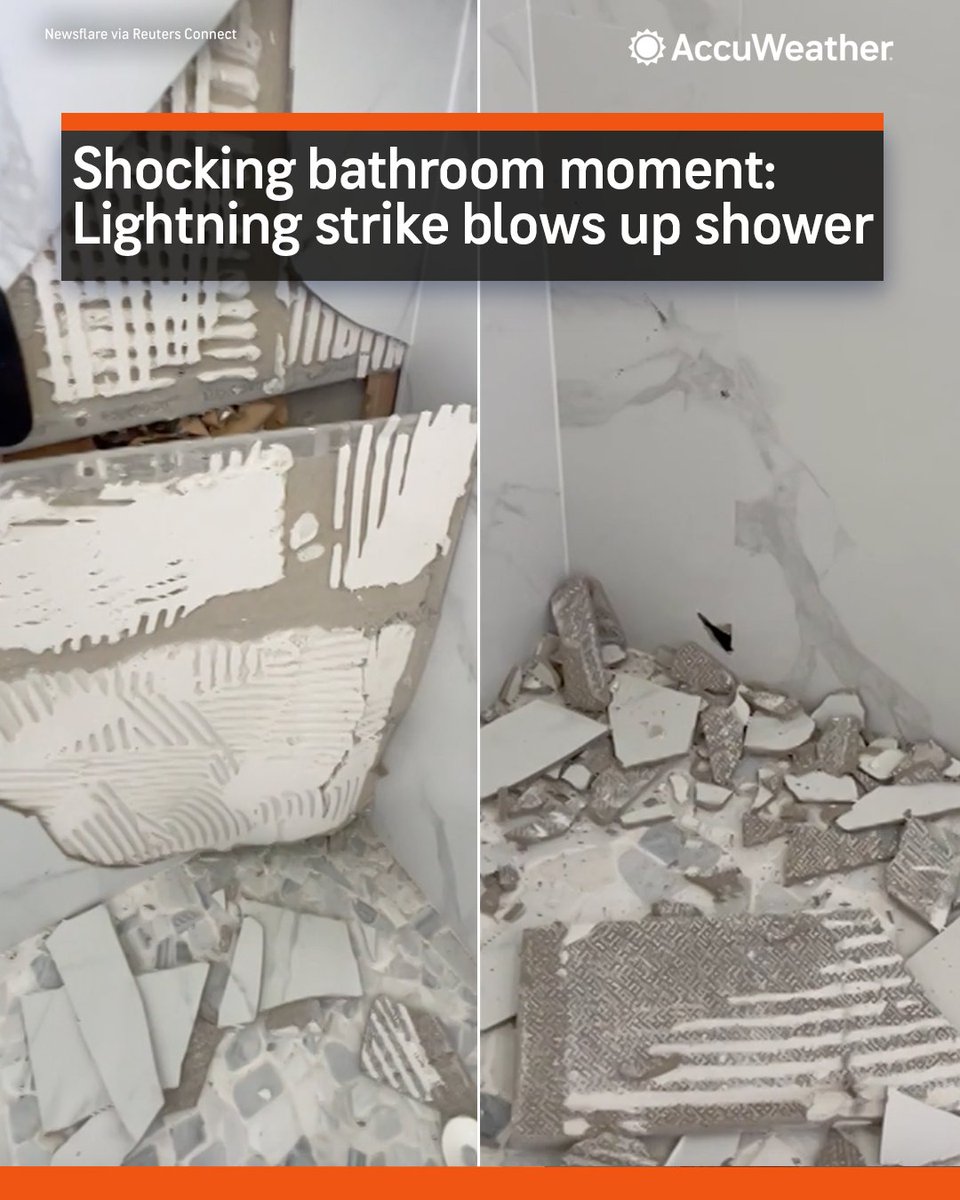 Another reason not to shower when it’s storming: Lightning traveled through an outside wall into the shower, blowing tiles off. bit.ly/46makuZ