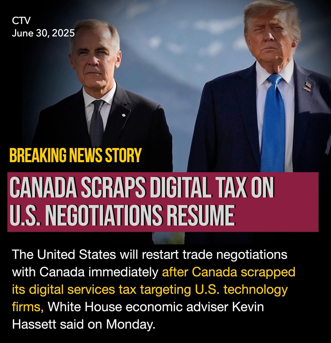 2021Ccmbc's tweet photo. Well, well, @MarkJCarney finally cracked the code - scrap the DST or face the wrath of U.S. President Trump. Guess Canada’s “innovation tax” couldn’t outsmart the U.S. market machine! #MarkCarney #TradeReset #carneycaved
@swift https://t.co/VQcvStYdBy