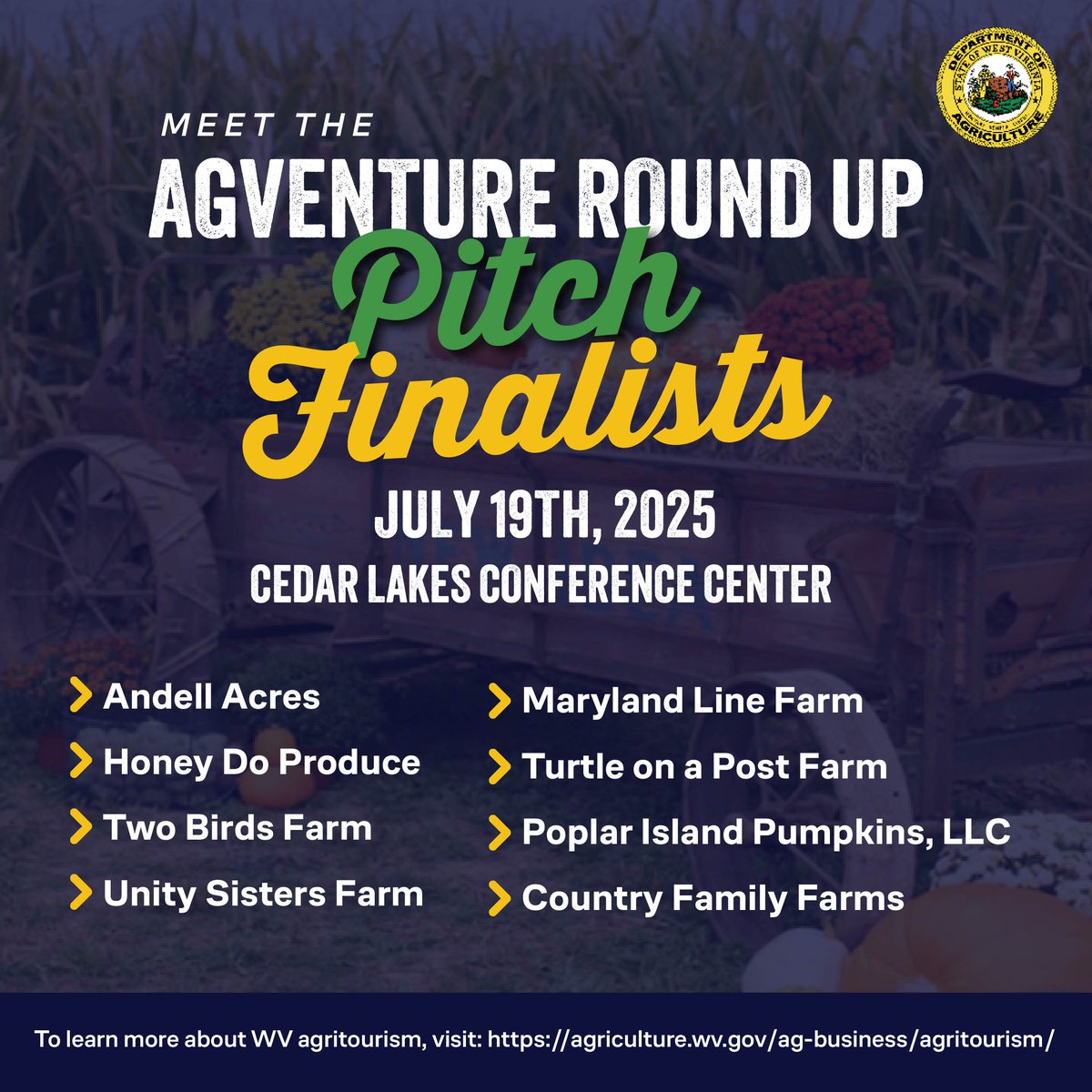 The 8 finalists have been selected for our AGventure Round Up Pitch Competition at Cedar Lakes! Mark your🗓️for July 19 to come cheer on these great agribusinesses as they vie for💲💲💲. The competition starts at noon!